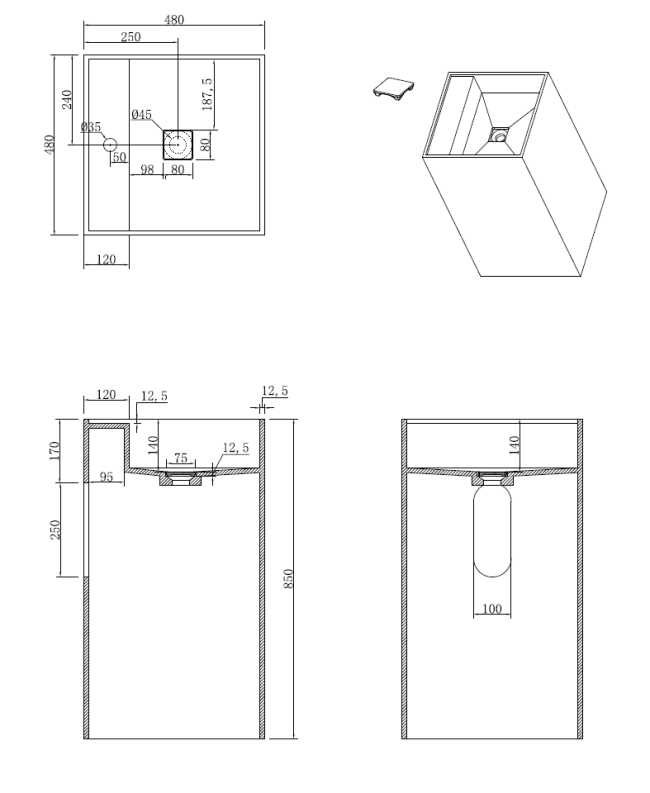 Раковина напольная Cube Corian 480*480*850 Nero Marquina