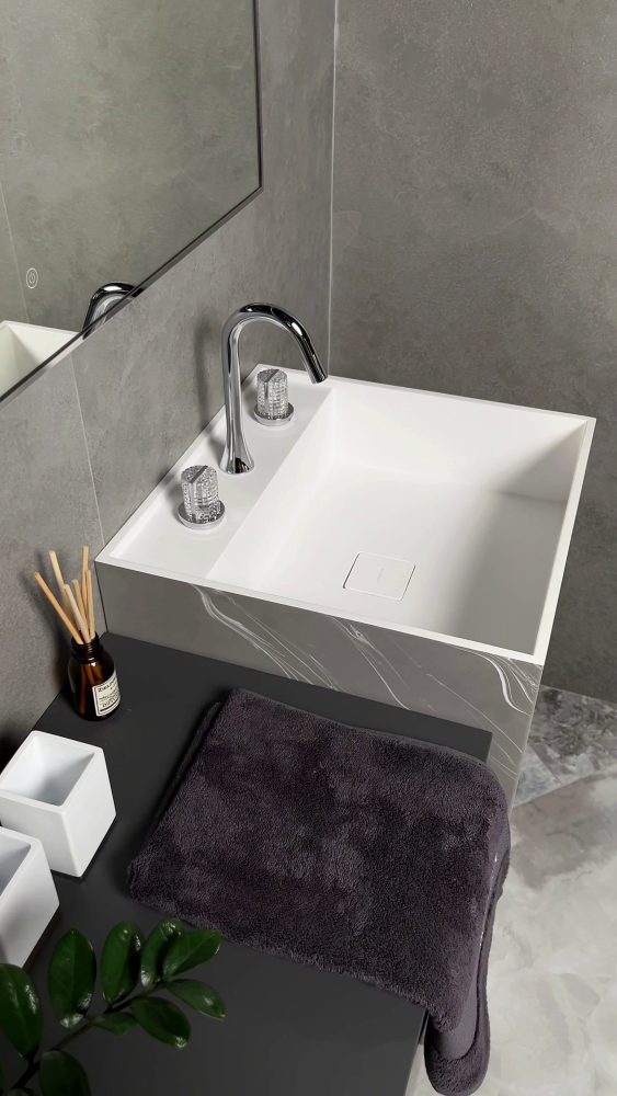 Раковина напольная Cube Corian 480*480*850 Grey base+white veins