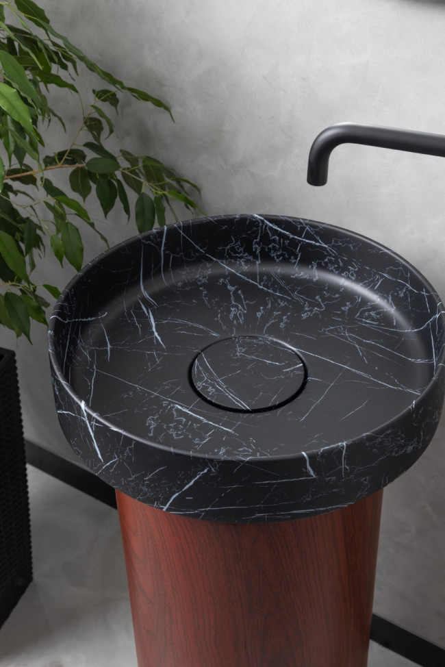 Раковина накладная SOLE Corian 400*130 Nero Marquina + Пьедестал для раковины Corian 300*720 Red Wood Раковина накладная SOLE Corian 400*130 Nero Marquina + Пьедестал для раковины Corian 300*720 Red Wood