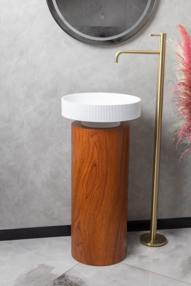 Раковина накладная рифленая SOLE Corian 400*130 Matte white + Пьедестал для раковины Corian 300*720 Red Wood Раковина накладная рифленая SOLE Corian 400*130 Matte white + Пьедестал для раковины Corian 300*720 Red Wood