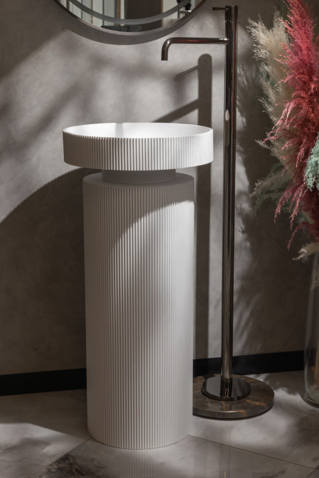Раковина накладная рифленая SOLE Corian 400*130 Matte white + Пьедестал для раковины рифленый Corian 300*720 Matte white