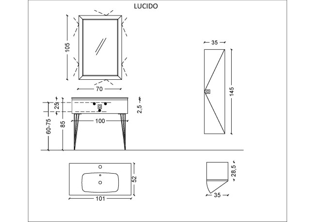 Комплект Lucido 100 Глянцевый Черный + золото, раковина моноблок