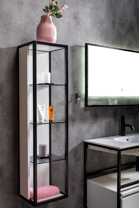 Пенал LOFT высокий белый, полки стекло